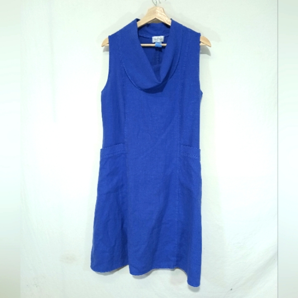 Mosaic U.S.A. large 100% linen bright cobalt blue cowl neck linen shift dress.